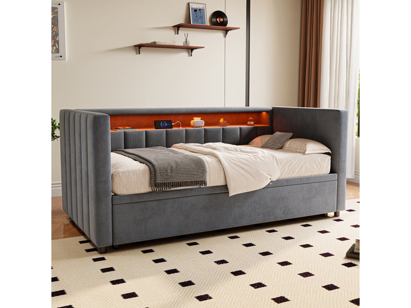  Lit gigogne 90x190 cm, rangement intégré, led et port usb type-c, design capitonné en velours gris  - Conforama B