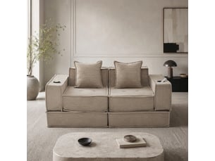Fauteuil pouf modulaire avec rangement latéral et 2 coussins, tissu côtelé kaki, 162 × 78 × 66 cm