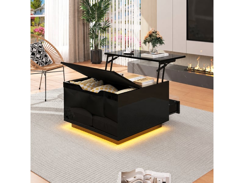 Table basse relevable noire avec led, rangement caché, tiroir, 70 x 70 x 38 cm  - Conforama B