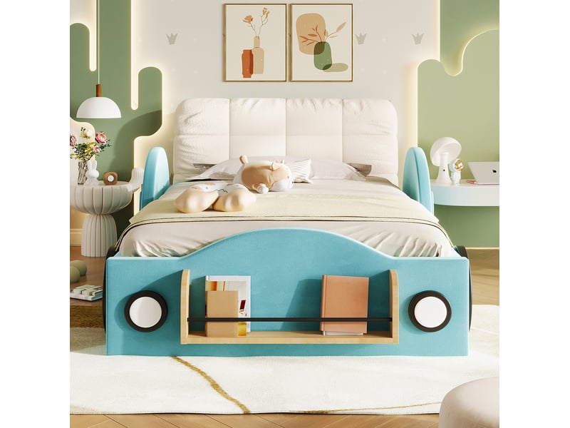  Lit enfant 90 × 200 cm avec sommier relevable hydraulique, rangement, poches latérales et étagère à livres, bleu  - Conforama E