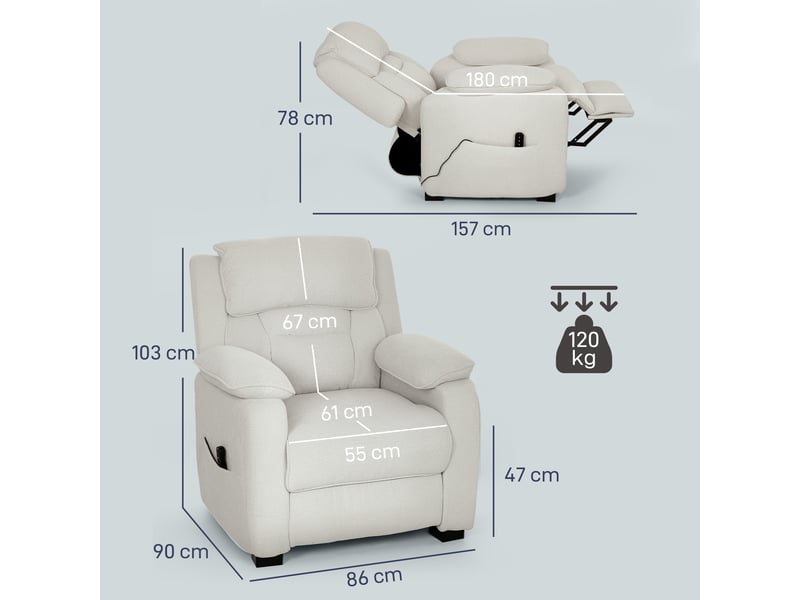  Fauteuil relax électrique fauteuil inclinable port usb repose-pieds poches latérales télécommande beige 86x90x103cm  - Conforama C