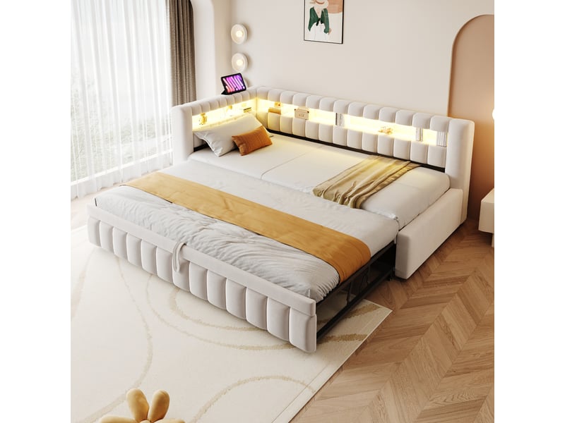  Canapé-lit convertible 90/180x200 cm avec rayures verticales, led et ports usb-c, velours beige, sans matelas  - Conforama B