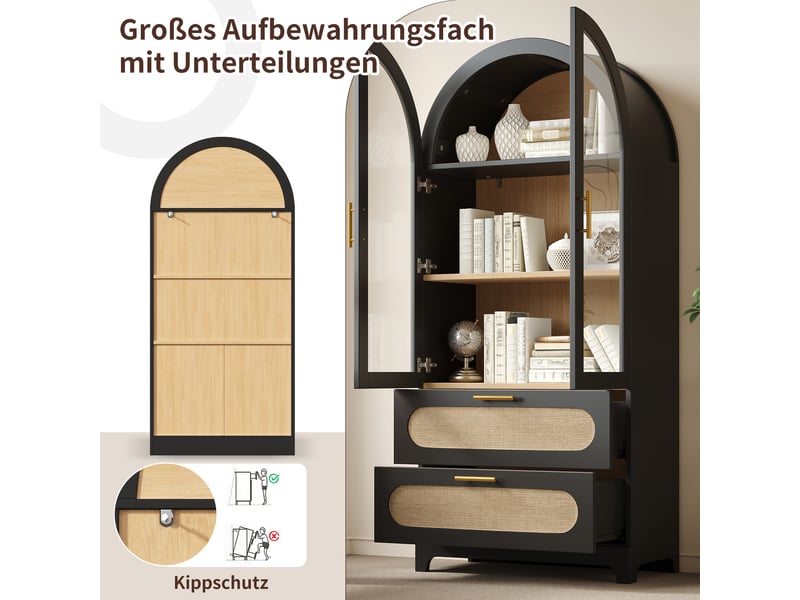  Lot de 2 vitrines montmartre noires 80x40x175 cm chacune en mdf, portes en verre, 2 tiroirs en lin par meuble  - Conforama E