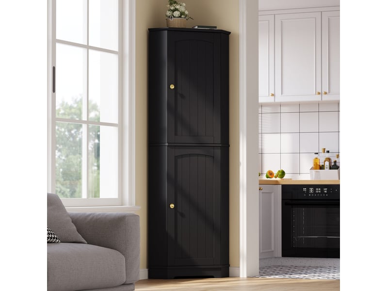  Meuble d'angle avec 2 portes et étagères réglables, rangement vertical pour cuisine, mdf noir, 42 × 42 × 166 cm  - Conforama B