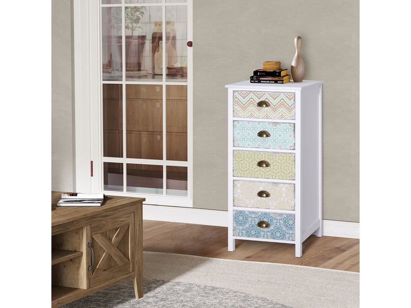  Commode vintage à 5 tiroirs, style shabby chic, pour salle de bain, entrée ou chambre, 46 × 34 × 97,5 cm, blanche  - Conforama D