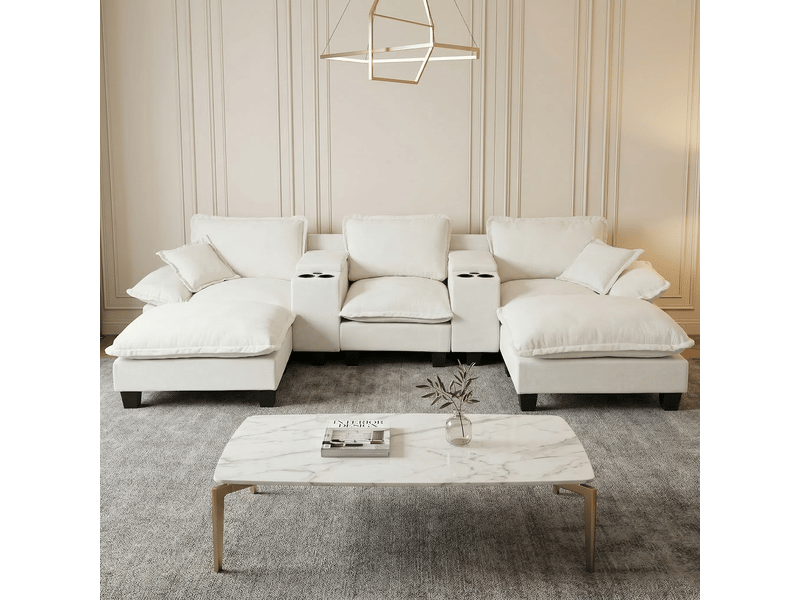 Canapé panoramique en u avec usb, rangement et porte-gobelets - chenille beige 323 × 151 × 90 cm - Conforama B