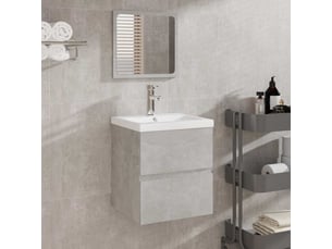Armoire lavabo salle de bain, meuble de rangement et bassin et miroir gris béton