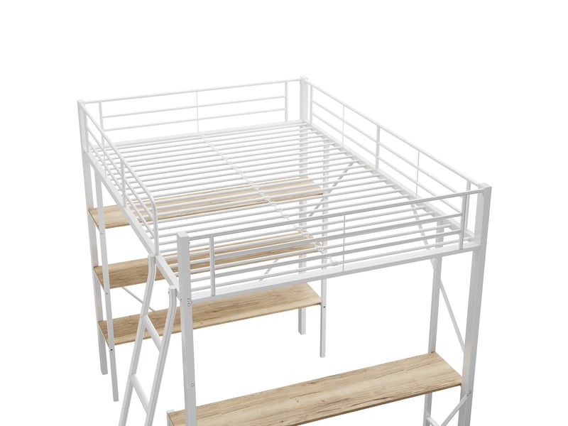  Lit mezzanine 90x200cm, lit 1 place, avec 3 étagères de rangement, table, sommier en métal, blanc, sans matelas  - Conforama R