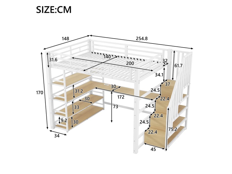  Lit mezzanine 140x200 cm avec escalier, bureau intégré, led et usb blanc  - Conforama C