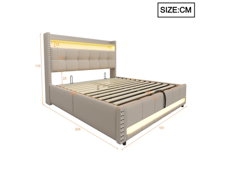 Lit capitonné 180x200 cm led usb, tête de lit avec rangements et étagères, vérins hydrauliques, lin beige - Conforama C