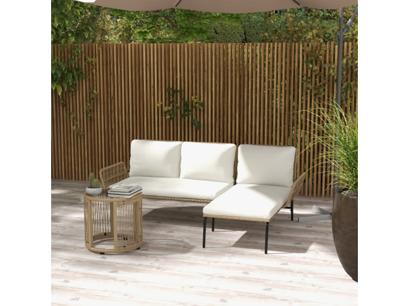  Salon de jardin en rotin, 2 places, chaise longue, table basse, coussins crème, terrasse et balcon  - Conforama B