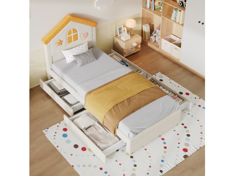 Lit cabane 90x200 cm avec 4 tiroirs de rangement beige sans matelas  - Conforama B