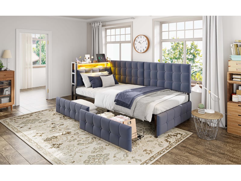  Canapé lit 90x200 cm gris velours avec 2 tiroirs éclairage led usb type c structure métallique Sol Morn - Conforama D