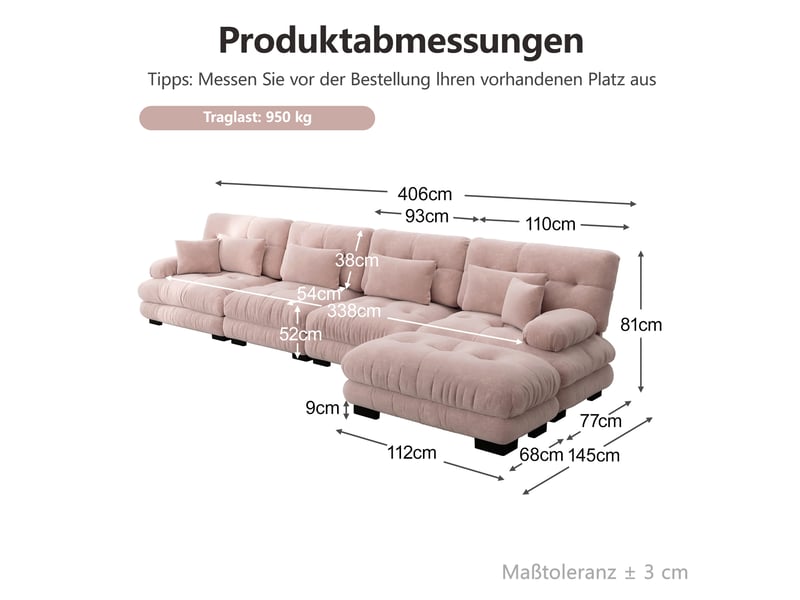 Canapé d'angle modulable 4 places en tissu rose avec ottomans mobiles, composition l ou droite pour salon - Conforama C