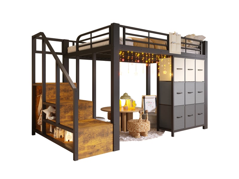  Elvmi lit mezzanine 140x200 cm en métal et mdf avec escalier de rangement, commode à tiroirs, penderie intégrée, garde-corps et poche de rangement, structure surélevée multifonction pour chambre, noir et blanc  - Conforama D