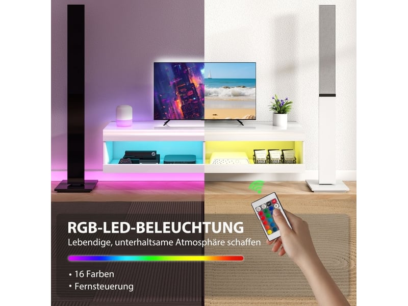  Meuble tv suspendu en bois blanc brillant avec led rgb – 140 x 40 x 30 cm  - Conforama E