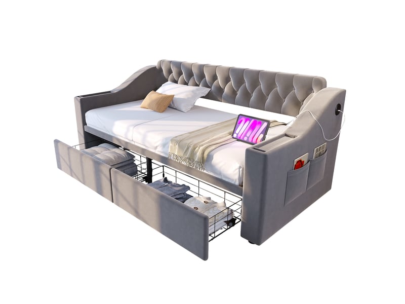  Lit jeune 90x190 cm, coloris gris clair, tissu velours, tiroirs de rangement et accoudoirs compartimentés  - Conforama E