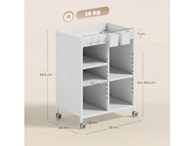 Bibliothèque tcqpz sur roulettes 4 niveaux 53 x 34 x 69,5 cm étagères réglables paniers suspendus métal blanc - Conforama C