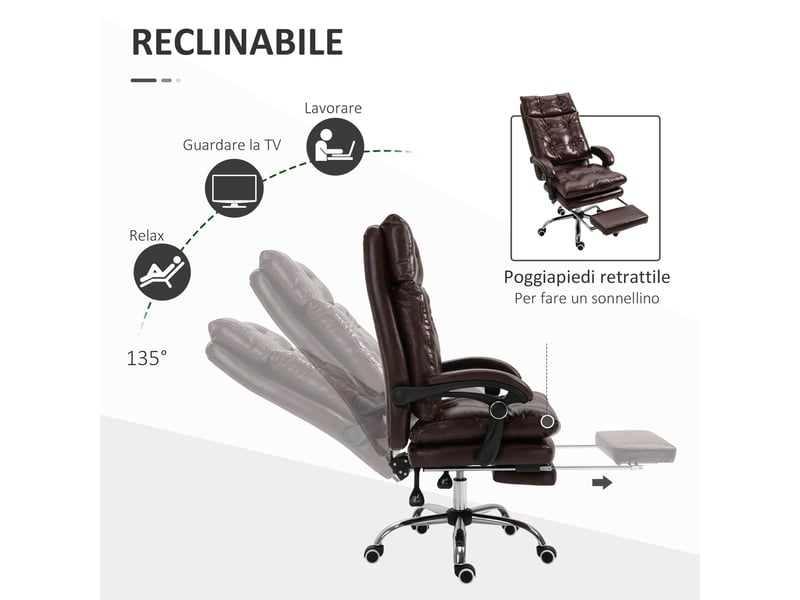 Fauteuil de bureau marron en similicuir, dossier inclinable à 135°, repose-pieds - Conforama R
