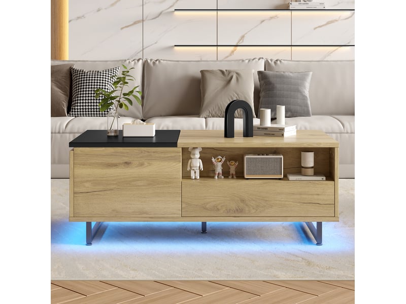  Table basse 103.5x50x27.5 cm relevable avec rangement en bois d’ingénierie coloris naturel  - Conforama D