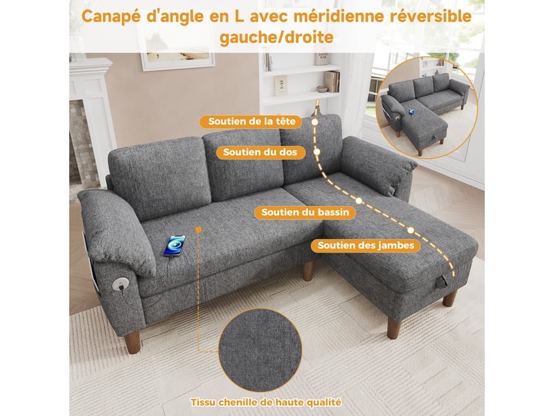  Canapé d'angle - coffre sous la méridienne - ports usb et usb c - poches latérales - méridienne réversible - moderne - gris clair  - Conforama E