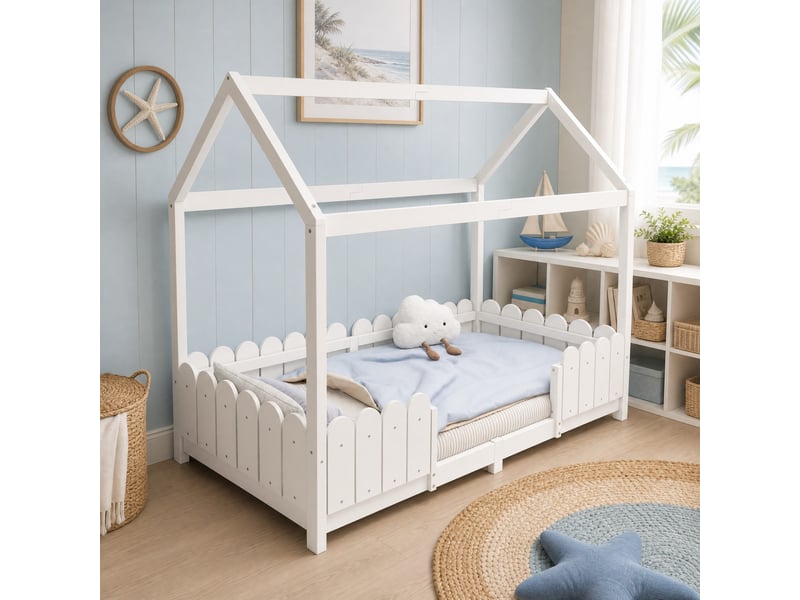  Lit cabane enfant 90x200 avec barrière de sécurité et sommier à lattes evryae  - Conforama B