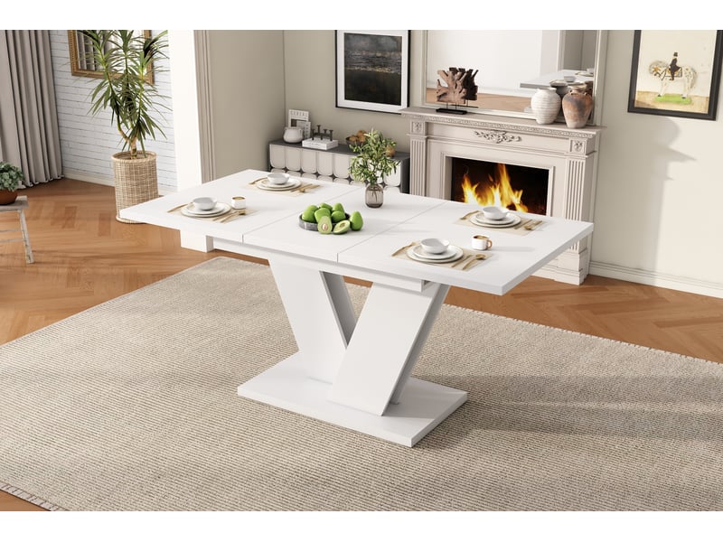 Table à manger extensible blanche 120160×80 cm, 4-6 personnes, plateau épais, pieds en v, style moderne - Conforama D