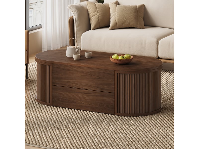  Table basse ovale relevable 100x50x35 cm - 1 tiroir - rangement dissimulé - mdf et panneaux de particules - noyer CozyNest - Conforama D