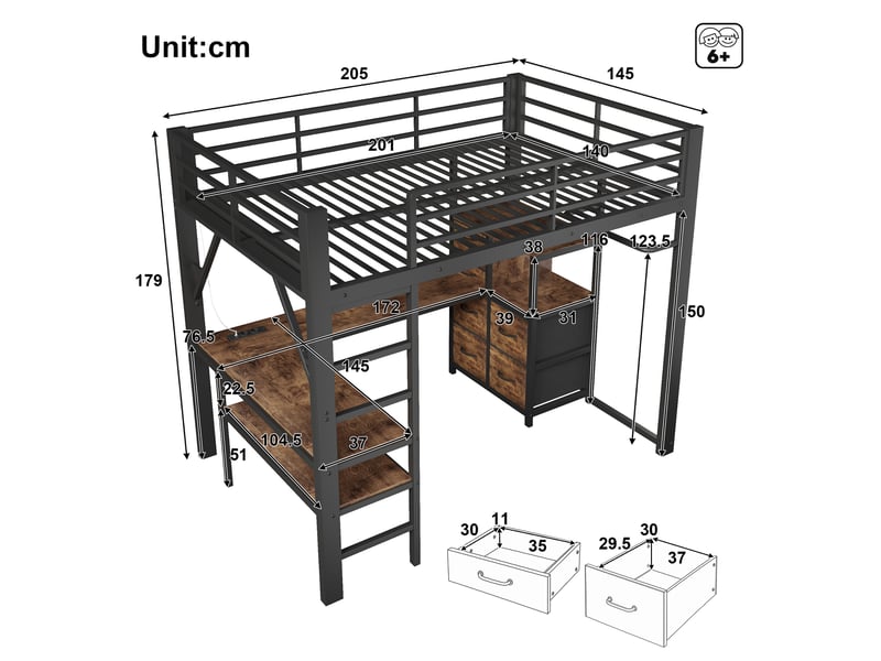 Lit mezzanine 140x200 cm en métal avec bureau d'angle, 7 tiroirs en tissu, led, prises eu, usbtype-c, brun vintage et noir.  - Conforama C