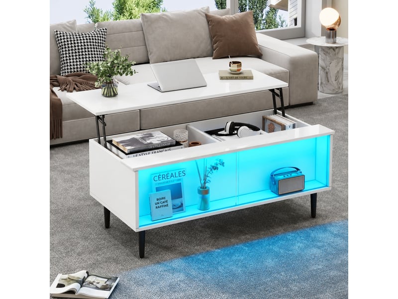  Table basse relevable jusqu'à 58 cm, rangement caché, led, verre trempé, 105 x 50 cm, blanc  - Conforama D