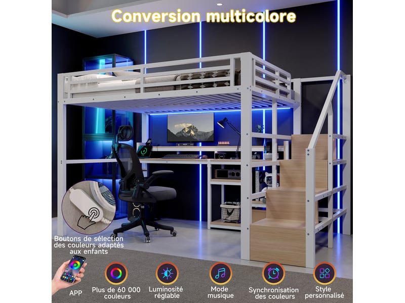  Lit mezzanine 140 × 200 cm 2 places avec armoire-échelle, étagères, led, usb et usb-c, sans matelas, blanc  - Conforama E