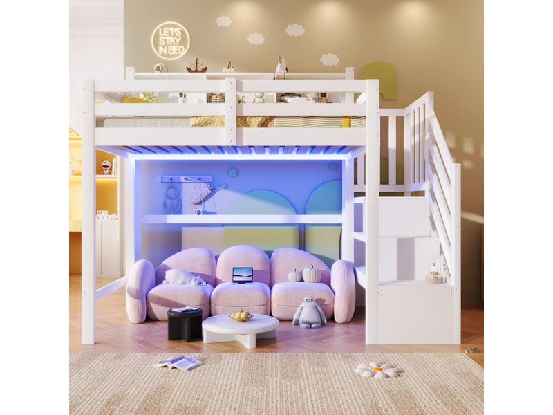  Lit mezzanine modenvie 90 x 200 cm avec led, rangement sous le lit, escalier de rangement, blanc  - Conforama E