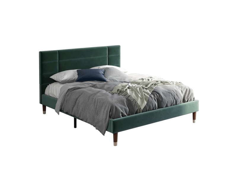  Lit adulte 140x200 cm, tête de lit, structure en bois, sommier, style moderne, lin vert, sans matelas  - Conforama A