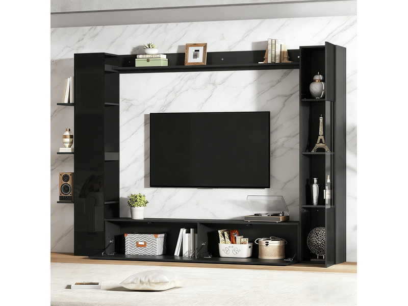  Meuble tv mural tcqpz 245 x 30 x 170 cm en mdf noir, rangements ouverts et fermés, finition haute brillance  - Conforama D
