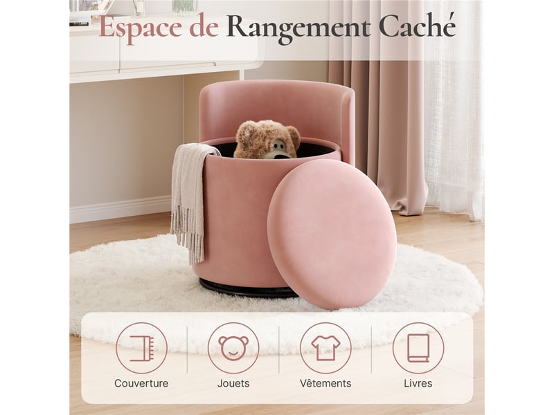  Tabouret de coiffeuse pivotant à 360° en velours rose avec coffre de 40 l et dossier ergonomique rose 594025 Pink - Conforama D