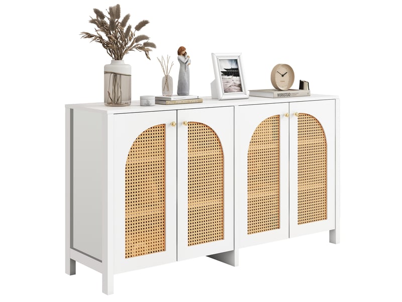  Buffet 4 portes en rotin synthétique 145 cm, poignées métal, blanc Fay Lum - Conforama A