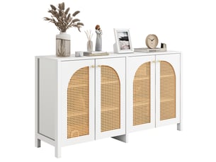 Buffet 4 portes en rotin synthétique 145 cm, poignées métal, blanc