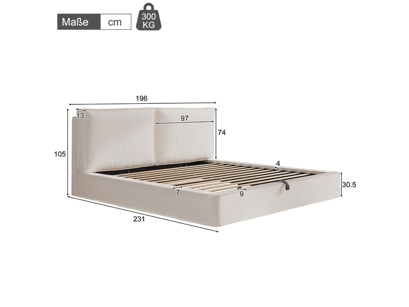  Lit coffre adulte 180x200 cm bouclé beige avec sommier à lattes et tête de lit  - Conforama C