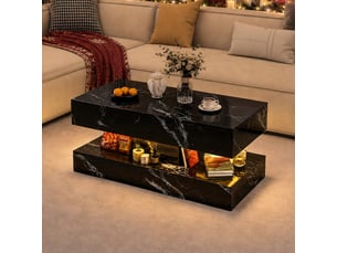Table basse de salon à plateau marbré, rangement double, 2 tiroirs cachés silencieux, éclairage led, noir