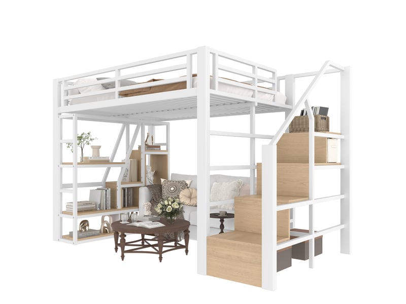 Lit mezzanine 140x200 cm avec étagères, escalier de rangement et led blanc  - Conforama A