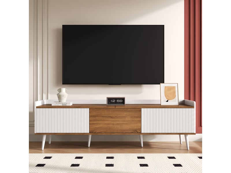  Meuble tv bas 3 portes 160x39x49.5 cm - conception simple - blanc et finition bois naturel - meuble tv moderne  - Conforama B