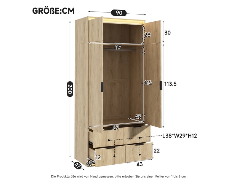 Armoire 2 portes modenvie avec miroir et led 90 x 47 x 200 cm mdf décor chêne anthracite  - Conforama C