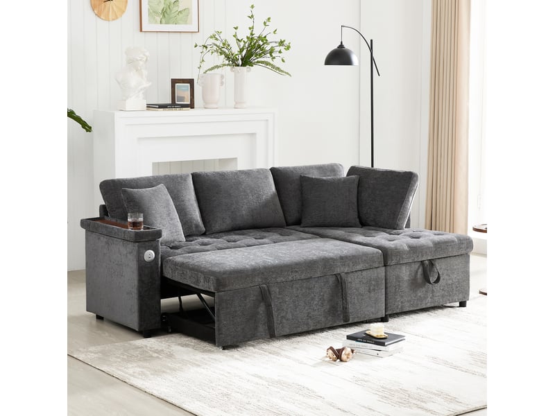  Canapé d'angle droit convertible 209x130 cm – gris foncé – rangement, usb, porte-gobelet et 2 coussins  - Conforama B