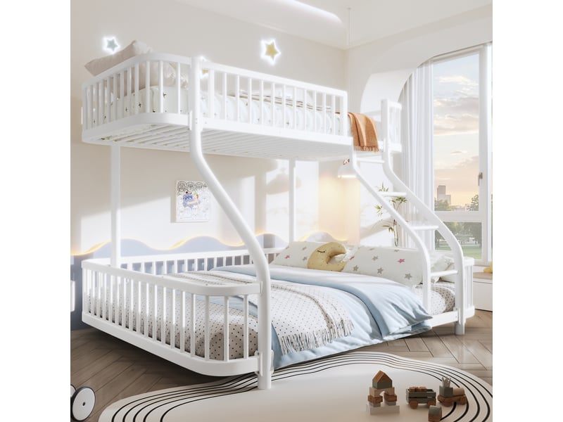  Lit superposé enfant 23 places 90140 ×200 cm lit adulte lit double en métal avec barrière de sécurité sommier à lattes, blanc  - Conforama D