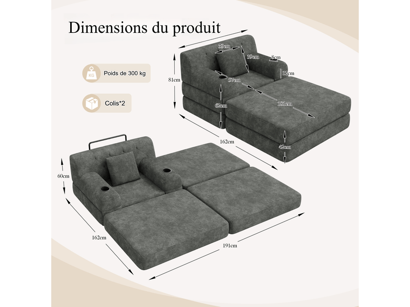  Fauteuil convertible en velours côtelé gris foncé 107x162x81 cm, 2 porte-gobelets, 4 poches, avec repose-pieds 107x162x81cm - Conforama C