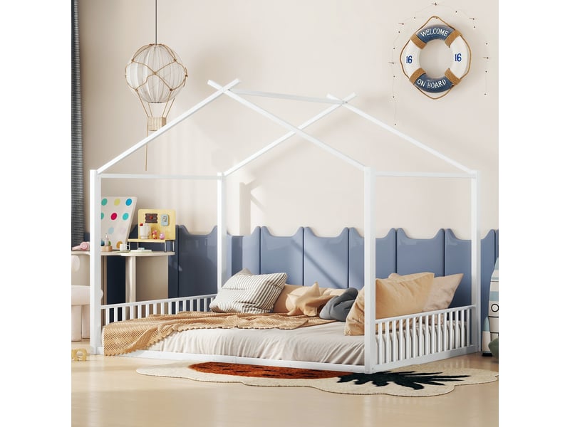  Lit cabane enfant 140 x 200 cm, lit a cadre en fer et d'un matériau mdf, lit double avec barre de maison, sans matelas, blanc  - Conforama A