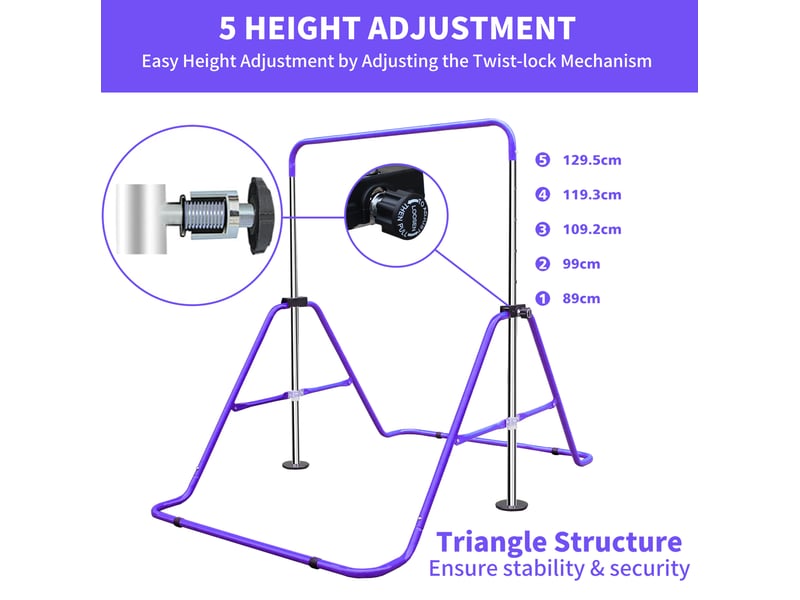  Barre de gymnastique pour enfants 145x100x130 cm réglable en hauteur et pliable métal violet  - Conforama C