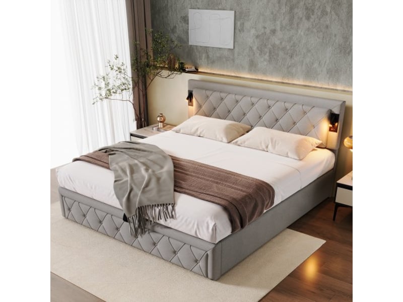  Lit capitonné 180x200 cm led et usb, sommier bois, tête de lit à losanges, coffre de rangement hydraulique, lin gris  - Conforama B