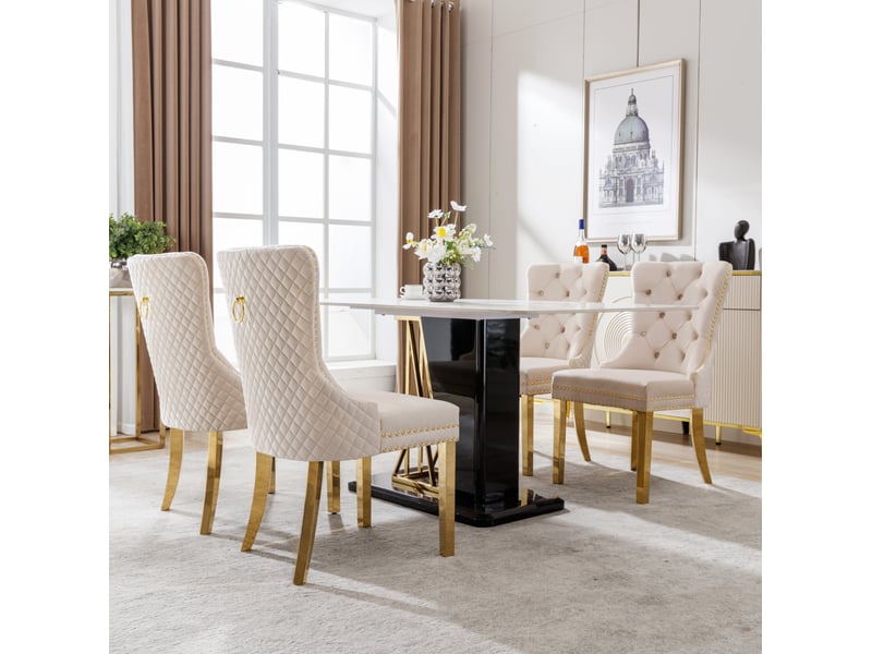  Lot de 4 chaises 65,5x51x95 cm, chaises salle à manger, dossier heurtoir rond, velours beige, pieds en acier doré  - Conforama D