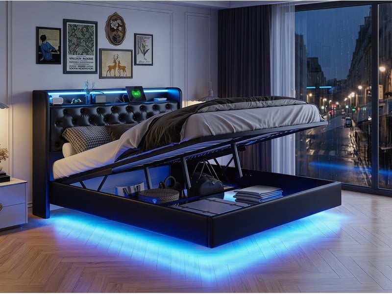  Lit 2 places 160x200 cm en cuir pu noir avec led, usb et rangement hydraulique – sommier suspendu  - Conforama D